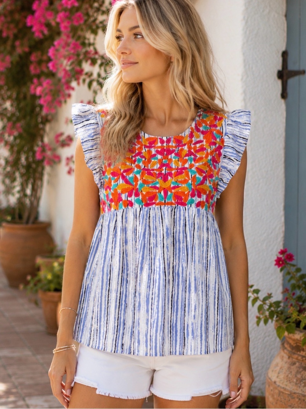 THML Blue White Striped Embroidered Flutter Sleeve Babydoll Top Medium